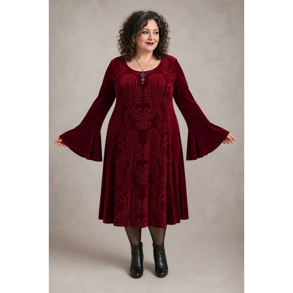 Whimsigoth Holiday Party Red VelvetBurnout Paisley BellSleeve 18/20W Midi Dress
